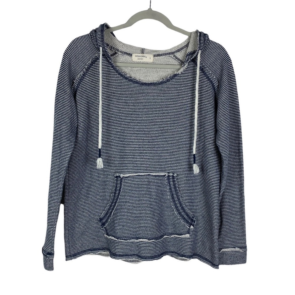 Ocean Drive Striped Hooded Drawstring Sweatshirt Women's Small Navy Blue White - Picture 8 of 10